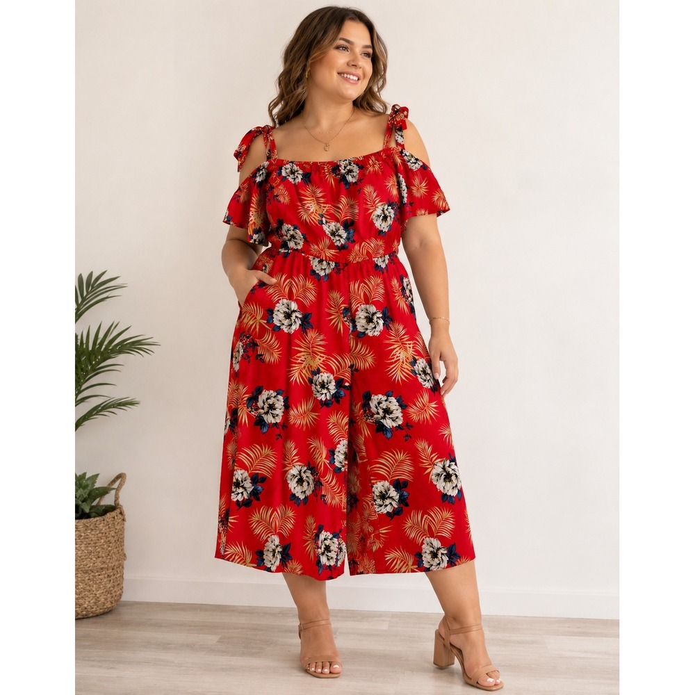 Red Floral Off-the-Shoulder Wide-Leg Romper Pantsuit – Size 16